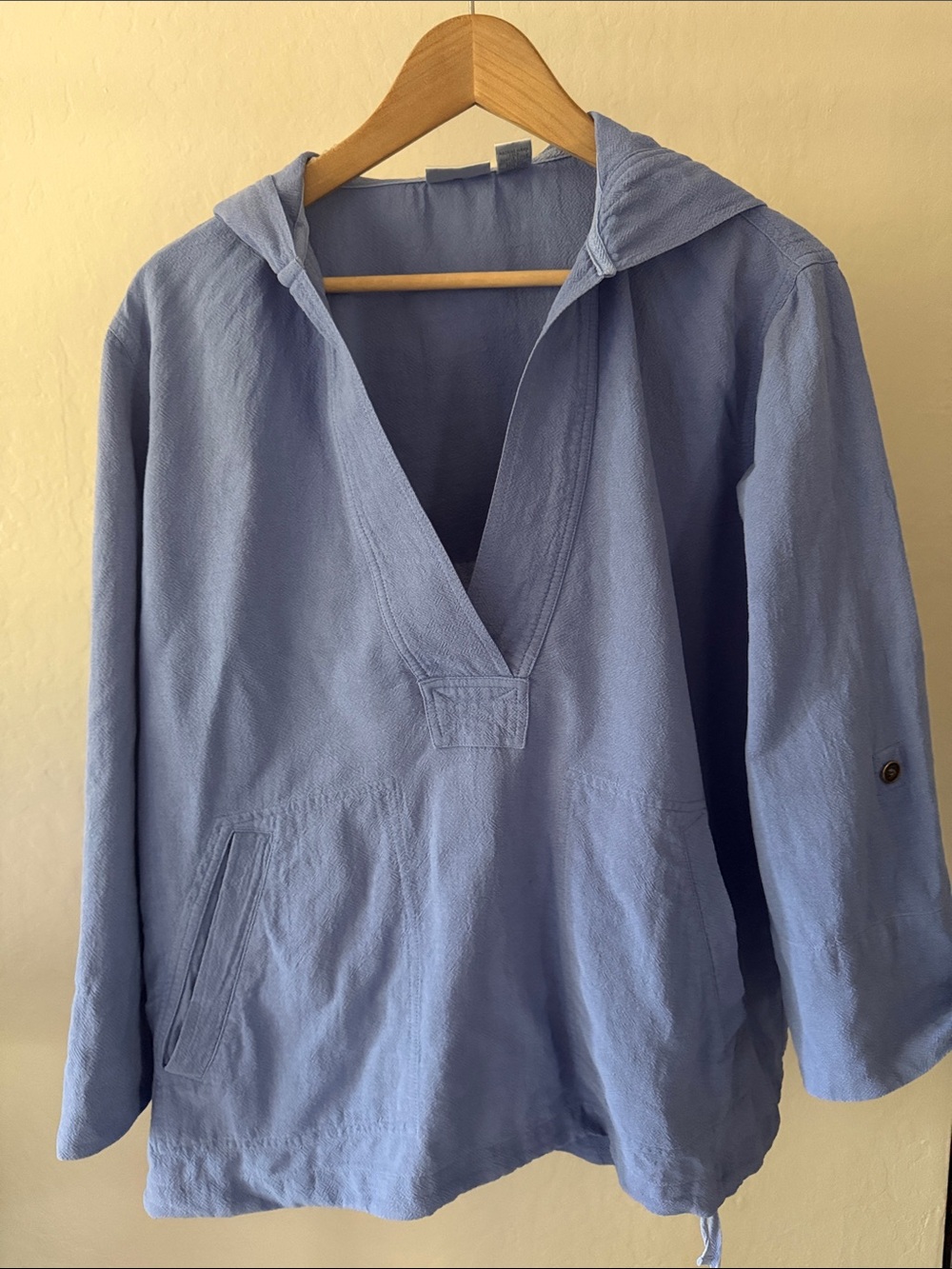 Chico's Light Blue Hooded Pullover Sweatshirt 💯Cotton Roll-Tabs Sleeves Size 2